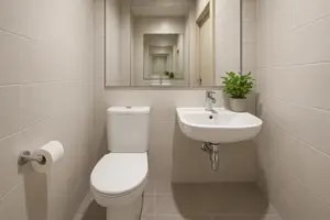 استفاده از آینه بزرگ برای بزرگتر نشان دادن فضای سرویس بهداشتی کوچک